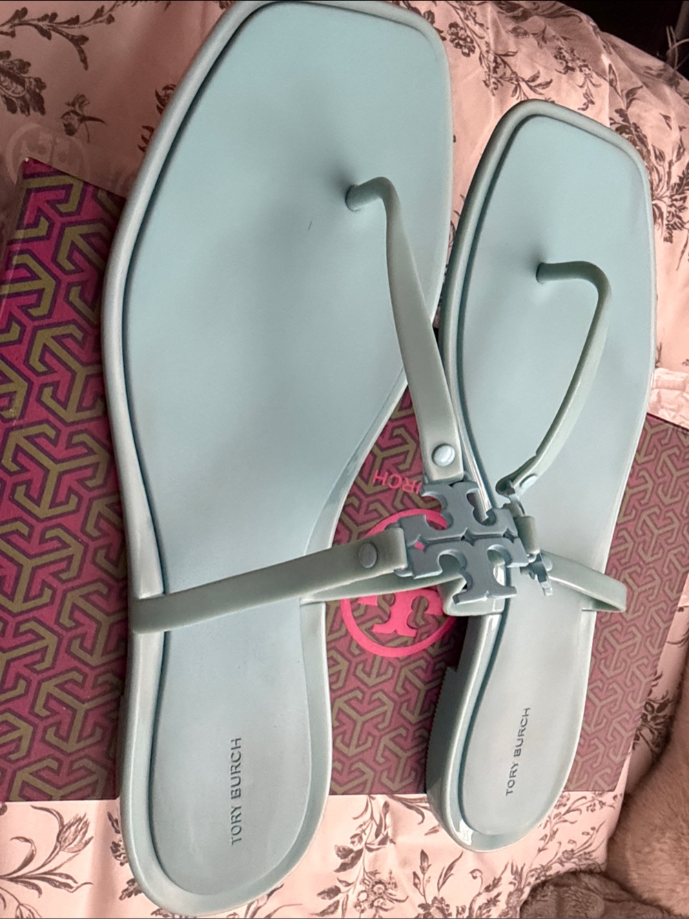 Tory Burch Turquoise Logo Thong Sandals